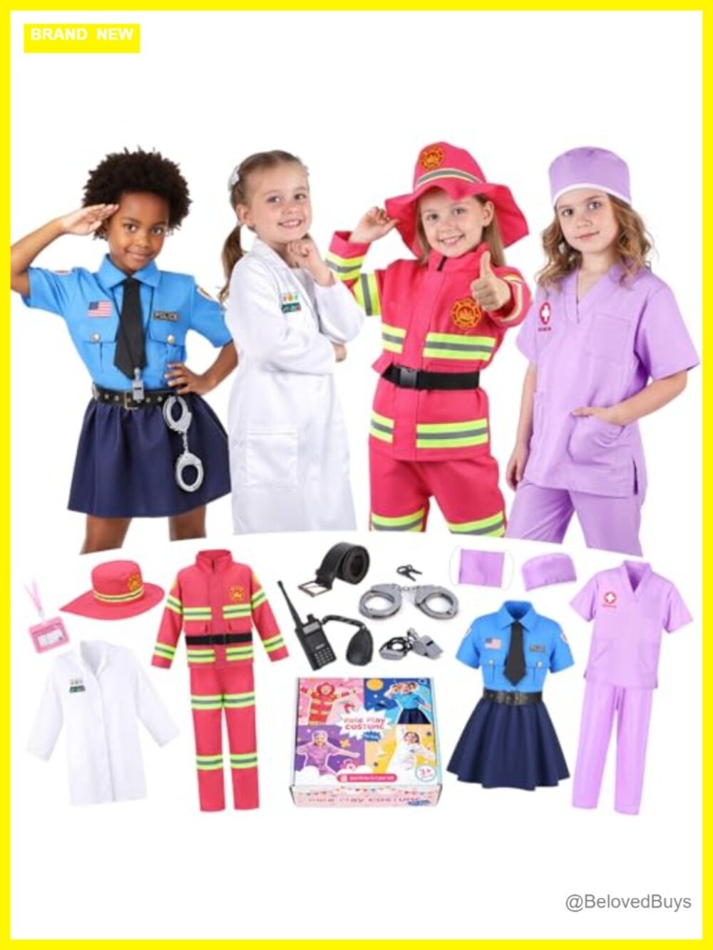 Meland 4-in-1 Career Costume Set for Girls, Doctor Firefighter Police Pretend